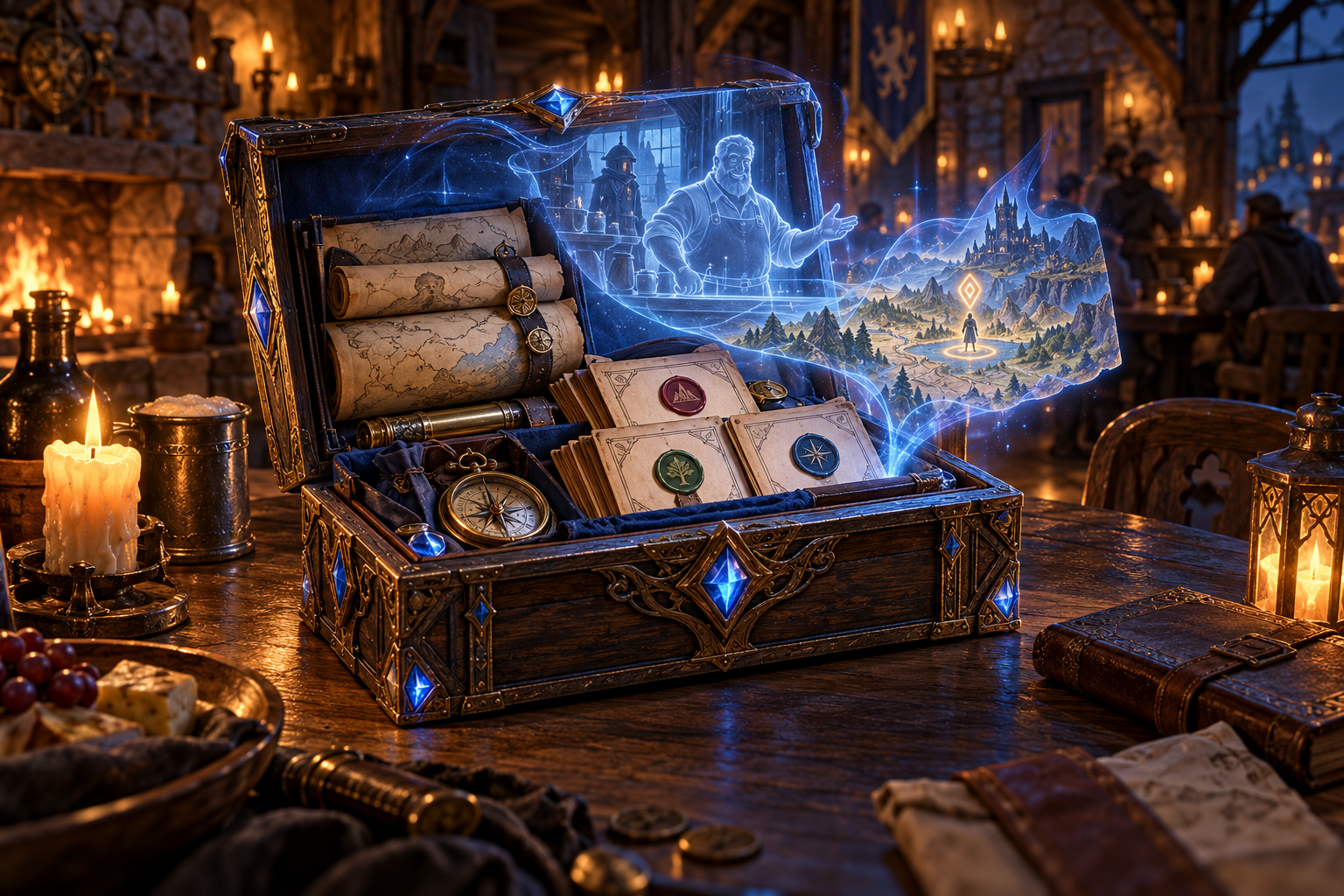An open Aethro Box on an inn table, filled with maps and magical adventuring guides