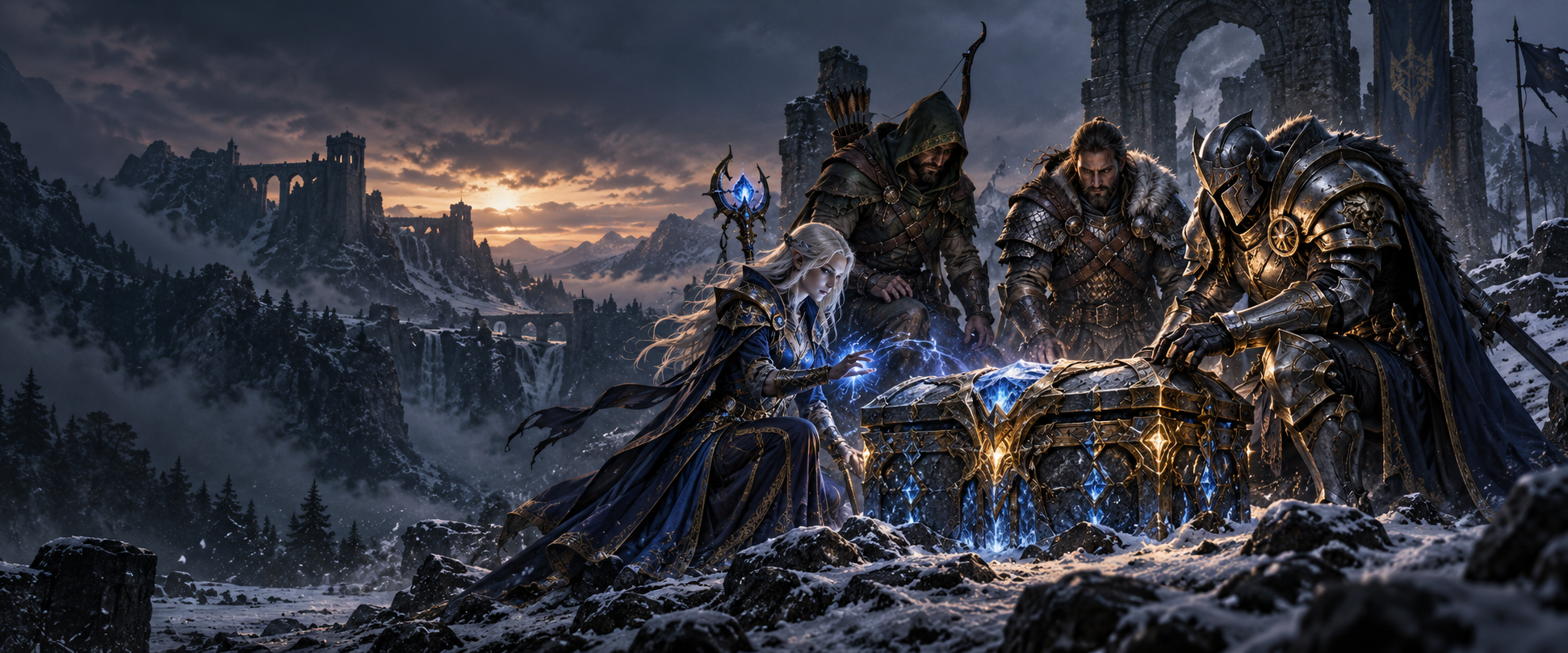 Four adventurers in cloth, leather, mail, and plate gather around a glowing Aethro Box in a snowy mountain pass