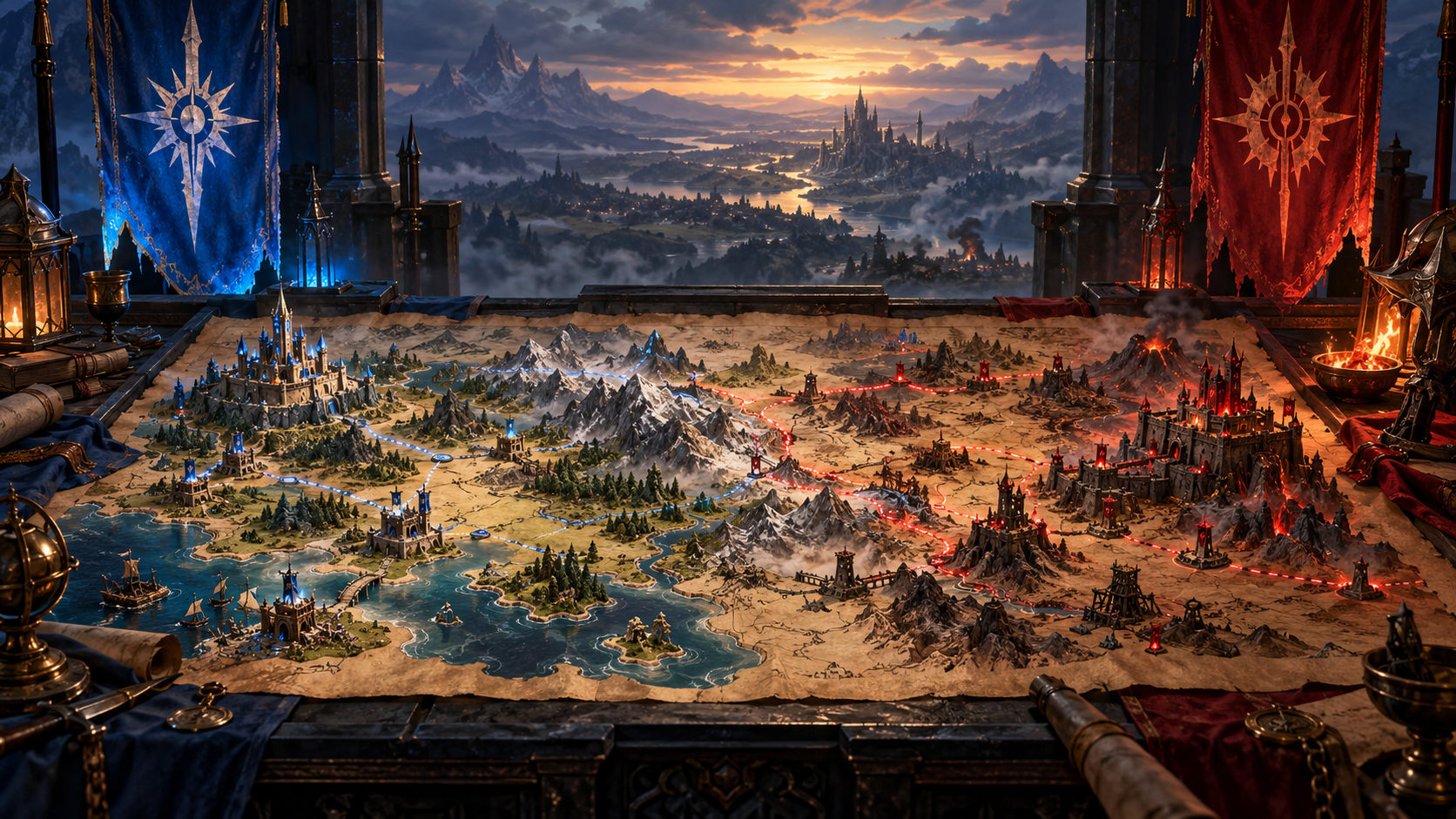 A fantasy campaign table showing two sides preparing to shape a shared world